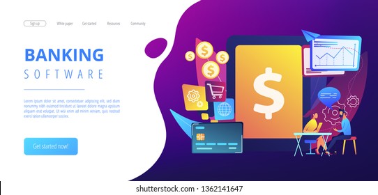 Tablet, bank card and manager using banking software for transactions. Core banking IT system, banking software, IT service concept. Website vibrant violet landing web page template.