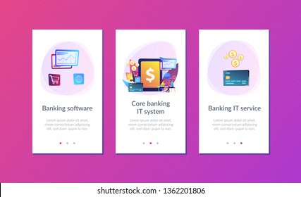 Tablet, bank card and manager using banking software for transactions. Core banking IT system, banking software, IT service concept. Mobile UI UX GUI template, app interface wireframe