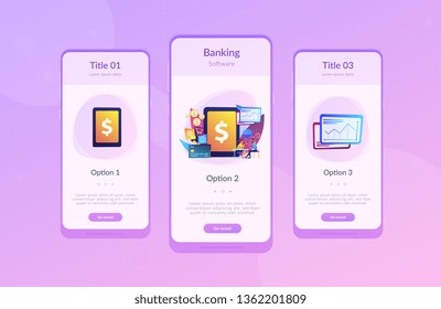 Tablet, bank card and manager using banking software for transactions. Core banking IT system, banking software, IT service concept. Mobile UI UX GUI template, app interface wireframe