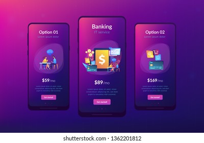 Tablet, bank card and manager using banking software for transactions. Core banking IT system, banking software, IT service concept. Mobile UI UX GUI template, app interface wireframe