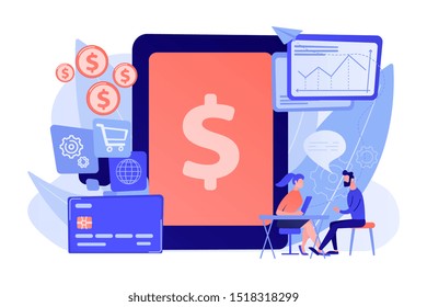 Tablet, bank card and manager using banking software for transactions. Core banking IT system, banking software, IT service concept. Pink coral blue vector isolated illustration