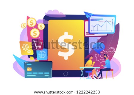 Tablet, bank card and manager using banking software for transactions. Core banking IT system, banking software, banking IT service concept. Bright vibrant violet vector isolated illustration