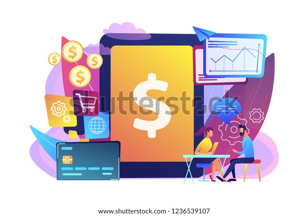 Tablet, bank\
card and manager using banking software for transactions. Core\
banking IT system, banking software, IT service concept. Bright\
vibrant violet vector isolated\
illustration