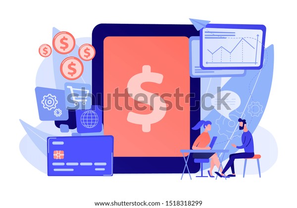 Tablet, bank card and\
manager using banking software for transactions. Core banking IT\
system, banking software, IT service concept. Pink coral blue\
vector isolated\
illustration