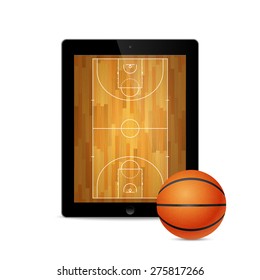 Tablet with basketball ball and court on the screen. Vector EPS10 illustration. 