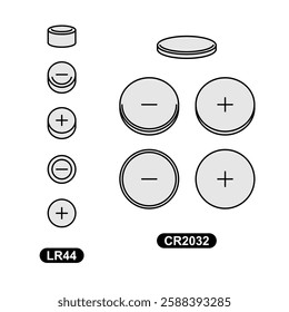 Tablet battery two type icons LR44 and CR2032. Top, bottom and 3D perspective view symbols of device energy source. Editable stroke.