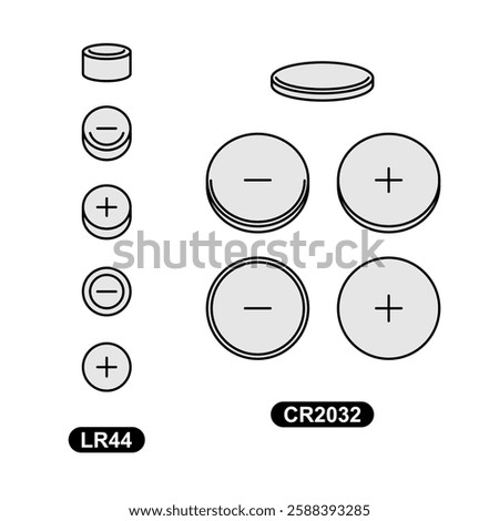 Tablet battery two type icons LR44 and CR2032. Top, bottom and 3D perspective view symbols of device energy source. Editable stroke.