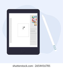 Una tableta que se utiliza para actividades de diseño, abriendo una aplicación de diseño para el dibujo. Ilustración vectorial en estilo flat art.
