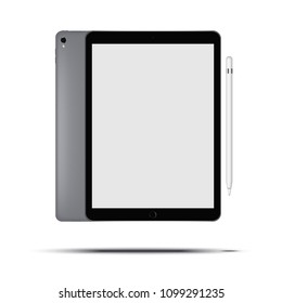 Tablet with big screen with smart pencil in vector. 2 sides.