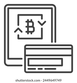 Tablet with Bitcoin and Credit Card vector Cryptocurrency Money concept icon or sign in outline style