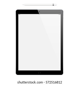 tablet black color with blank touch screen and stylus top view isolated on white background. realistic and detailed device mockup. stock vector illustration