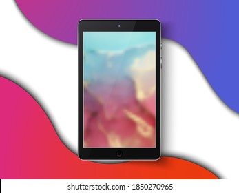 Schwarze Tablettenfarbe mit farbigem abstraktem, unscharfem Touchscreen und Fackel einzeln auf weißem, blauem, rosafarbenem, orangefarbenem Hintergrund. realistisches und detailliertes Modell. Stock-Vektorgrafik.