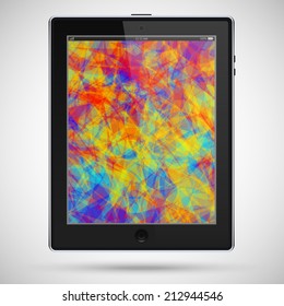 tablet black color with colored touch screen and flare isolated on grey background. realistic and detailed device mockup. stock vector illustration