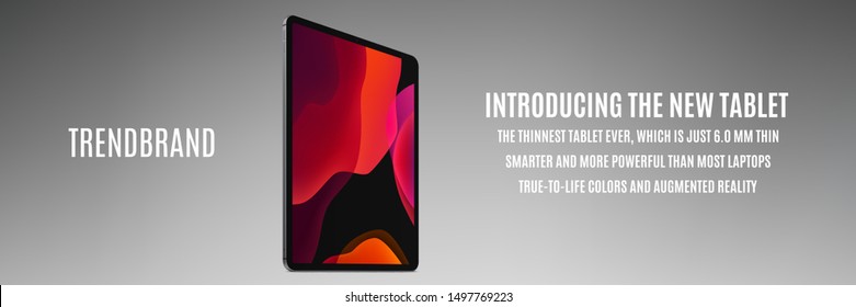 tablet black color with colorful touch screen saver isolated on grey background. realistic and detailed device mockup. stock vector 3d isometric illustration