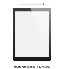 tablet black matte color with blank touch screen and stylus top view isolated on white background. realistic and detailed device mockup. stock vector illustration