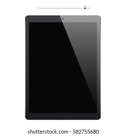 tablet black matte color with touch screen and stylus top view isolated on white background. realistic and detailed device mockup. stock vector illustration