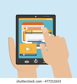 Tablet black website hand search movie device display gadget technology tool icon. Colorful and flat design. Vector illustration