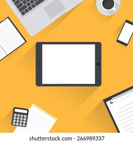 Tablet with blank white screen on table. Office desk mock up. View from above, vector illustration