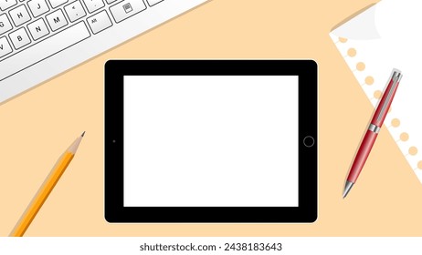 A tablet with a blank white screen. A top view of the workspace with a notebook, pen, pencil, and keyboard.