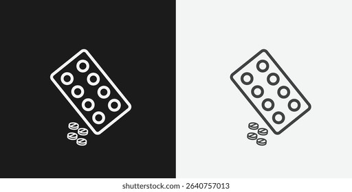 Tablet Blister Pack with Spilled Pills on Black and White Backgrounds, Representing Medicine or Pharmaceutical, White Outline Icon
