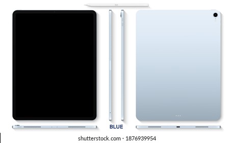 tablet blue color with black touch screen saver and stylus flat lay isolated on white background. top view mockup of realistic and detailed device with shadow. stock vector illustration