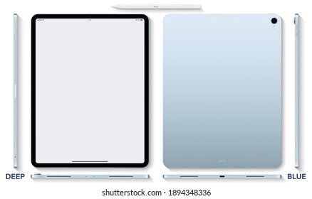 color azul comprimido con protector de pantalla táctil en blanco y plástico plano aislado sobre fondo blanco. parodia de vista superior de un dispositivo realista y detallado con sombra. ilustración vectorial de stock