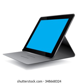 tablet with blue screen in gray carrying case