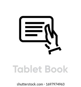 Tablet Book in Hand icon. Editable Line Vector. Flat badge man hand holds e-book for website or mobile app. Single Pictogram.