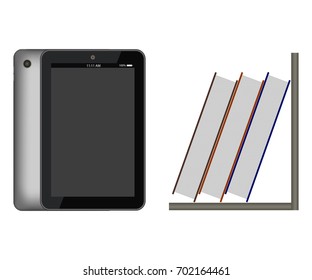 Tablet and books on the shelf.Vector illustration