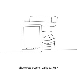 tablet and books, textbooks one line art. Continuous line drawing of online learning, student life, knowledge, school, education.