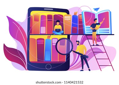 Tablet with bookshelves and students searching and reading information. Digital learning, online database, content storing and searching, ebooks concept, violet palette. Vector isolated illustration.