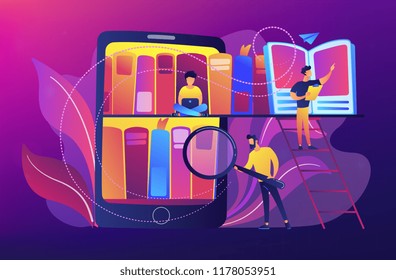Tablet with bookshelves and students searching and reading information. Digital learning, online database, content storing and searching, ebooks concept, violet palette. Vector illustration.