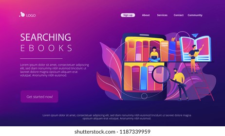 Tablet with bookshelves and students searching and reading information. Digital learning, online database, content storing and searching, ebooks concept, violet palette. Website landing web page.