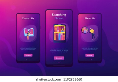 Tablet with bookshelves and students searching and reading information. Digital learning, online database, content storing and searching, ebooks concept, violet palette. App interface template.