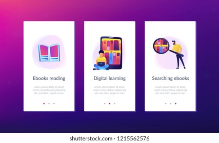 Tablet with bookshelves and students searching and reading information. Digital learning, online database, content storing and searching, ebooks concept, violet palette. App interface template.