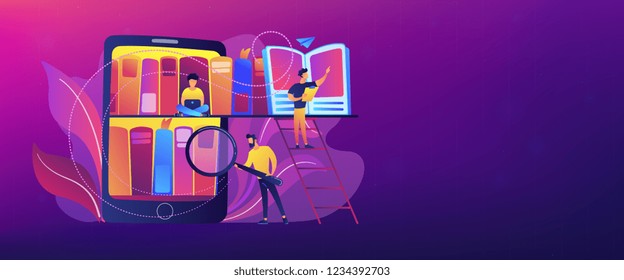 Tablet with bookshelves and students searching and reading information. Digital learning, online database, content storing and searching, ebooks concept, violet palette. Header or Footer banner.