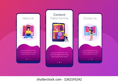 Tablet with bookshelves and students searching and reading information. Digital learning, online database, content storing and searching, ebooks concept, violet palette. App interface template.