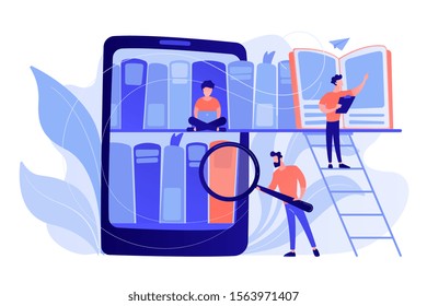 Tablet with bookshelves and students searching and reading information. Digital learning, online database, content storing and searching, ebooks concept. Vector isolated illustration.