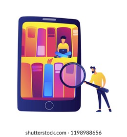 Tablet with bookshelves and students using e-library vector illustration. Digital library and e-learning, online database and searching, virtual library ebooks concept. Isolated on white background.