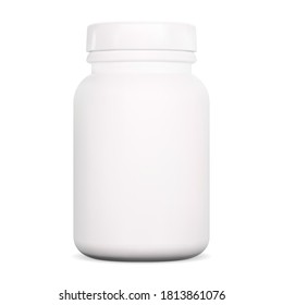 Tablet bottle. Vitamin supplement pill jar. White plastic capsule packaging blank, pharmaceutical prescription drug without label. Medication container design with lid. Health cure can