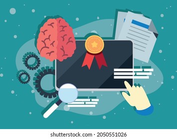 tablet brain and education icons on blue background