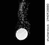 Tablet with bubbles. Dissolving effervescent aspirin pill in fizzy water. Closeup vitamin or drug in beverage, painkiller or antibiotic. Pharmacy isolated vector illustration