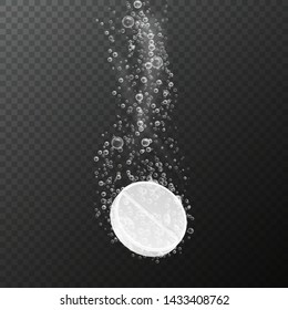 Tablet with bubbles. Effervescent dissolving aspirin pill in fizzy water. Vitamin drug with bubbles. Pharmacy dissolve medicine for healthcare vector isolated template