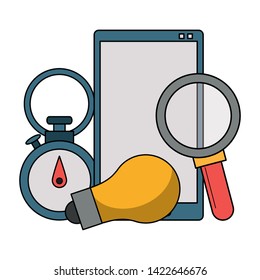Tablet with bulb light and magnifying glass with timer vector illustration graphic design
