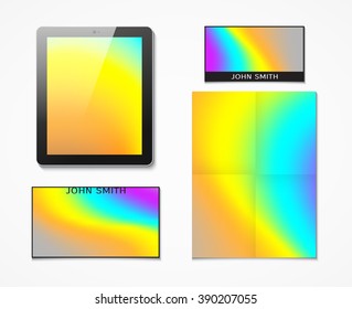 Tablet and business cards, flyers.