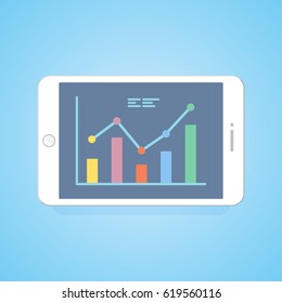 Tablet and business chart graphs on the screen.  Isolation, blue background. Vector, illustration, flat