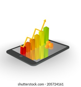 Tablet with Business Graph, Business Graph on the Screen. Vector Illustration.