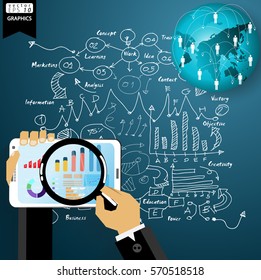 Tablet Business Technology Communication World Success modern design Idea and Concept Vector illustration with Lined pattern,graph,arrow,Magnifier,icon.
