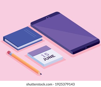 tablet with calendar and book isometric workspace set icons vector illustration design