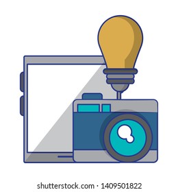 tablet with camera and light bulb icon cartoon vector illustration graphic design